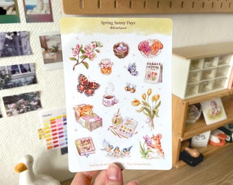 Spring Sunny Days – Cozy Stickers with animals, Nature-Inspired Set, Journaling (A6 Sheet)