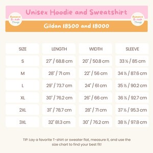 May include: Size chart for unisex hoodies and sweatshirts from Gildan, showing measurements in inches and centimeters for sizes S through 3XL. The chart includes length, width, and sleeve measurements.