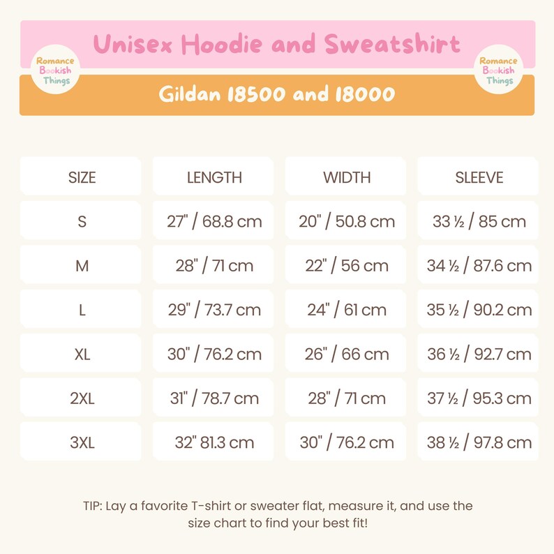 May include: Size chart for unisex hoodies and sweatshirts from Gildan, showing measurements in inches and centimeters for sizes S through 3XL. The chart includes length, width, and sleeve measurements.