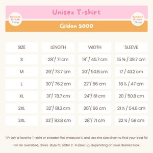 May include: Size chart for a unisex Gildan 5000 t-shirt. The chart shows the size, length in inches and centimeters, width in inches and centimeters, and sleeve length in inches and centimeters.