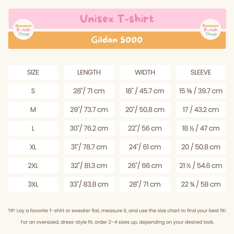 May include: Size chart for a unisex Gildan 5000 t-shirt. The chart shows the size, length in inches and centimeters, width in inches and centimeters, and sleeve length in inches and centimeters.