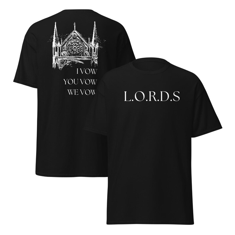 May include: Black t-shirt with a white graphic of a church on the back and the text "I Vow You Vow We Vow" and the text "L.O.R.D.S" on the front.