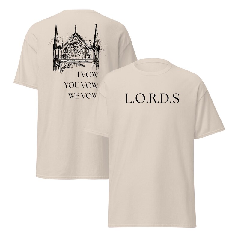 May include: Two beige t-shirts with black text. The front of one shirt says "L.O.R.D.S." The back of the other shirt has a drawing of a church with the text "I Vow You Vow We Vow"