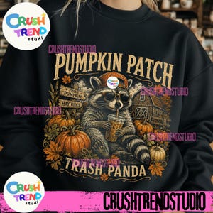 Puede incluir: Una sudadera negra de cuello redondo con un gráfico de un mapache con gorra de béisbol y gafas de sol, sosteniendo una bebida. El diseño incluye calabazas, un granero y el texto PUMPKIN PATCH y TRASH PANDA, con hojas de otoño.