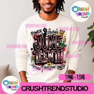 Peut inclure: Sweat-shirt crème avec un graphisme audacieux célébrant le Juneteenth. Le design présente les mots "June Tenth" dans un style graffiti, agrémentés d'éclaboussures de peinture colorées, d'un poing levé et des mots "Power, Strong, Culture, Freedom, Unity."