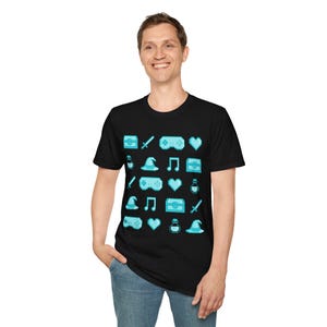 Pixel RPG Icons T-Shirt | Retro Game Controller, Sword, Potion, Heart