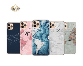 May include: A collection of five phone cases featuring world map designs. The cases display various color schemes, including navy blue, pink, and blue, with airplane graphics and travel routes. The "Style Case" logo is visible in the upper left corner.