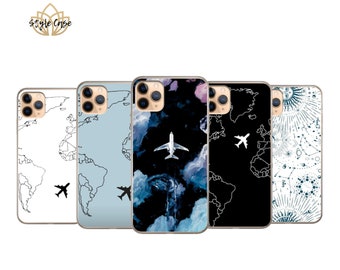 May include: Five different iPhone cases with various designs. The cases feature a world map with a plane flying over it, a blue and black watercolor design with a plane flying over it, a black case with a white world map and a plane flying over it, a blue and white case with a world map and a plane flying over it, and a white case with a blue and white constellation design.