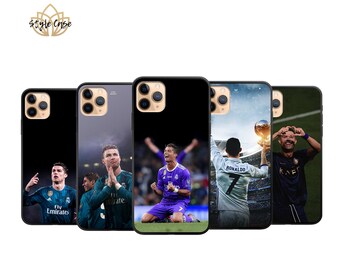 May include: Five different phone cases featuring images of a soccer player in various poses. The cases are black with a clear image of the player on the back. The player is wearing a soccer uniform with the number 7 on the back. The cases are all for the iPhone.