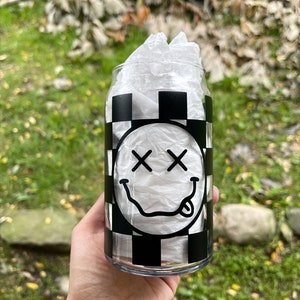 Smiley Glass Can Cup // Coffee Tumbler // Checkered Glass // Beer Can Cup with Lid