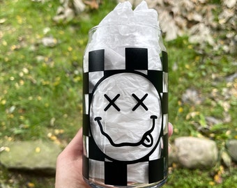 Smiley Glas Dosenbecher // Kaffeebecher // Kariertes Glas // Bierdosenbecher mit Deckel