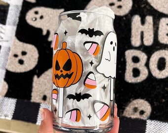 Halloween Candy Glass Can Cup // Halloween Tumbler // Ghost Glass // Beer Can Cup with Lid // Mummy Glass // Spooky Sucker // Skeleton Glass