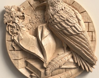 Crow Relief STL File for CNC Wood Carving with Books Library Wall Art Design