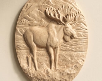Moose Mountain Scene Relief STL voor CNC-router Wildlife houtsnijwerk kunst aan de muur