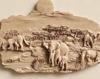 African Safari Wildlife STL-reliëf met olifant-leeuwneushoorn voor CNC- en 3D-print