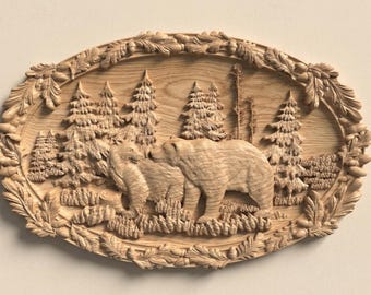 Bear Couple Forest Relief STL File for CNC Router Wood Wall Art Decor