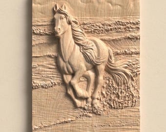 Laufendes Pferd Relief STL für CNC-Fräser, rustikale Wandkunst Dekor Holzschnitzerei