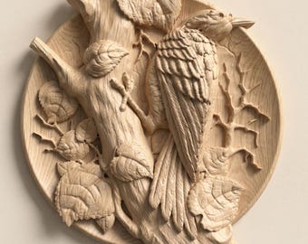 Crow Relief STL File for CNC Wood Carving with Tree Branch Wall Art Design