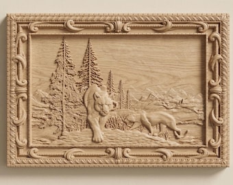 Lioness and Cub Reliëf STL voor muurkunst CNC-router, rustiek houtsnijwerk