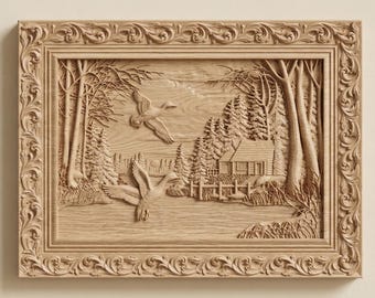 Flying Ducks Lake Relief STL for Rustic CNC Wood Carving Wall Art