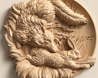 Wolf Hunting Rabbit STL, Wildlife CNC Relief Carving File