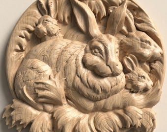 Woodland Rabbit Family Relief STL for CNC Carving & 3D Print Rustic Wall Art