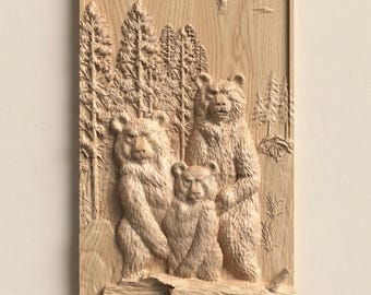 Bear Family Relief STL File for CNC Router Wood Wall Art Decor