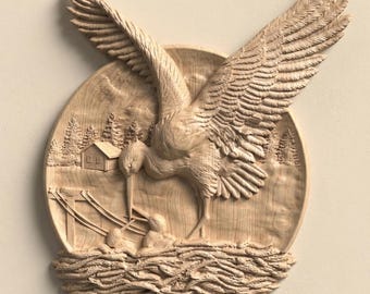 Stork Feeding Chicks STL, Nest Scene CNC Relief File