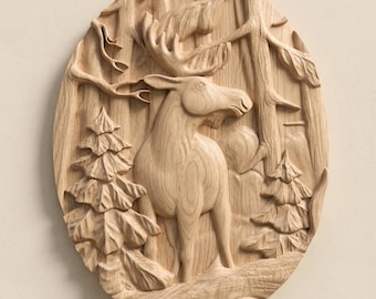 Deer Relief STL File for CNC Wood Carving with Forest Scene Wall Art Design