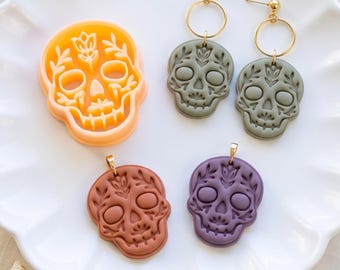 Bubble-Eyed Botanical Skull Clay Cutter with Floral Imprint for Halloween Earrings