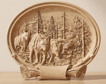 Wolf STL File for CNC Wood Carving with Forest Relief Scene and Multiple Wolves