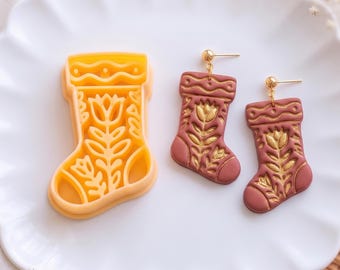 Folk Botanical Christmas Stocking Clay Cutter for Christmas Earrings & Charms