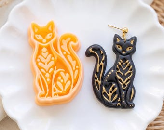 Folk Black Cat Clay Cutter with Leafy Imprint for Halloween Earrings