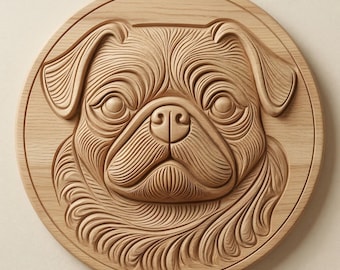 Pug Dog Relief Carving STL | CNC Woodworking File, Pet Wall Art