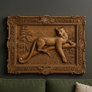 Arquivo STL de relevo de leopardo 3D para entalhe em madeira CNC, impressão 3D, arte de parede de animais selvagens, decoração de vida selvagem faça você mesmo, marcenaria artística, estilo rústico de chalé