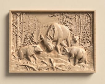 Deer vs Wolves STL, Forest Hunting Scene CNC Relief File