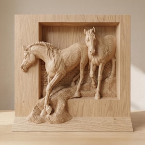 Horse Couple Relief STL File for CNC Carving, Equestrian Wood Wall Art