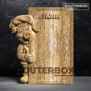 Süßes Schwein Händchen Händchen haltend: Dekoratives Restaurant Menü Display, 3D STL Modell für Artcam, Aspire, CNC Fräser, Gravur, DIY Projekte