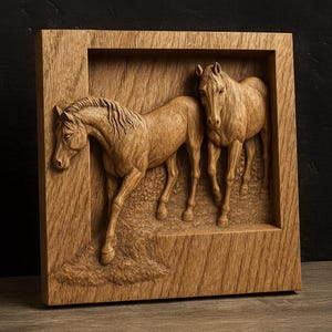 Modelo 3D STL de casal de cavalos em relevo para roteador CNC, marcenaria, impressão 3D - Arte de parede elegante de cavalo para entalhe, gravação e decoração rústica para casa