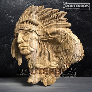 American Indian Hunter with Wolf and Eagle: Head Bust 3D STL Model for Artcam, Aspire, CNC Router, Engraving, 3D Print, DIY Decor Projects