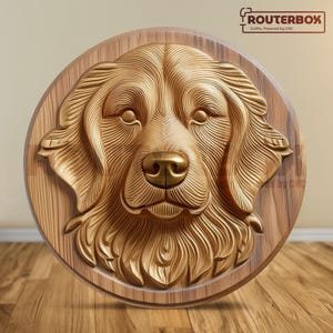 Arquivo STL 3D de cachorro Golden Retriever, perfeito para entalhe em madeira, impressão em resina e uso em roteador CNC, ideal para entusiastas de decoração de casa "faça você mesmo".