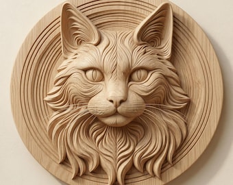 Detailed Cat Portrait STL File, CNC Wood Relief