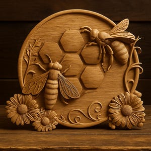 Bee and Honeycomb Relief 3D STL File for CNC Carving - Nature-Inspired Digital Woodworking Model for Rustic Wall Decor & Crafts, 3d Prints