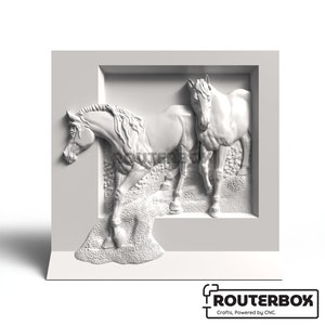 Discover the Horse Couples Relief 3D STL Model tailored for CNC router and woodworking. Perfect for artistic engraving, 3D carving, and enhancing DIY home decor projects. Bring the spirit of companionship into your designs. Side perspective of the carved moose relief STL model showcasing depth and layered forest background. Ideal visual for CNC users to assess carving precision and dimensionality.