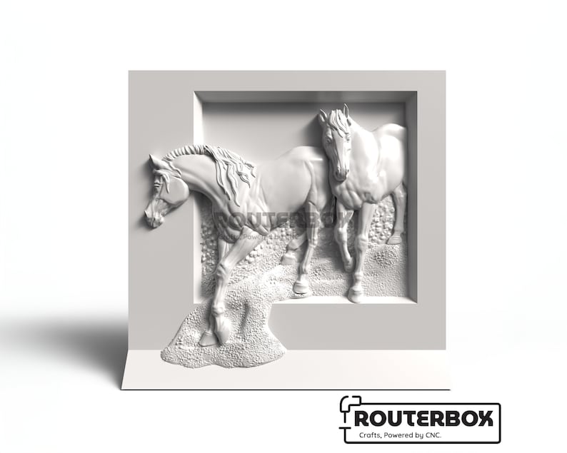 Discover the Horse Couples Relief 3D STL Model tailored for CNC router and woodworking. Perfect for artistic engraving, 3D carving, and enhancing DIY home decor projects. Bring the spirit of companionship into your designs. Side perspective of the carved moose relief STL model showcasing depth and layered forest background. Ideal visual for CNC users to assess carving precision and dimensionality.