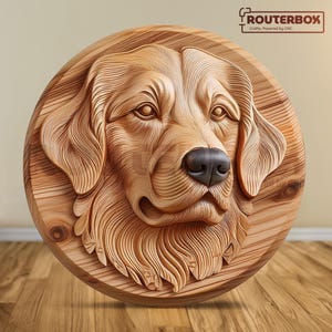 Golden retrieverhond STL voor CNC-router, ideaal voor houtsnijwerk, harsprint en doe-het-zelfdecoratie, perfect voor creatieve knutselprojecten.