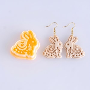 Scandi folk bunny polymer clay cutter with mirrored earring pair in soft off white, showing clean and consistent details