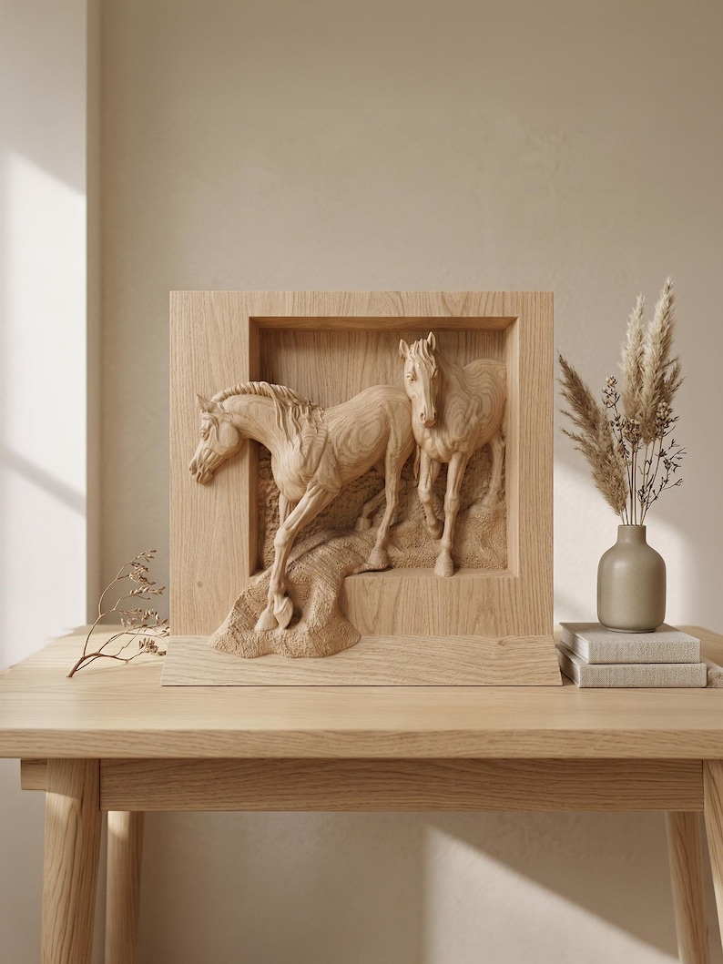 Wood carved horse couple relief wall art displayed on table in warm interior showing scale and decorative use.