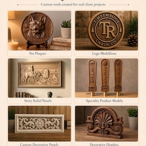 Real custom 3D project examples including pet plaques, logo medallions, relief panels and decorative models.