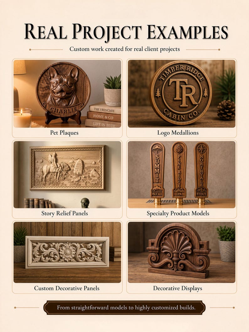 Real custom 3D project examples including pet plaques, logo medallions, relief panels and decorative models.